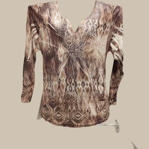 Chico size 3 , 3/4 sleeve blouse. Brown and tan and cream colored.